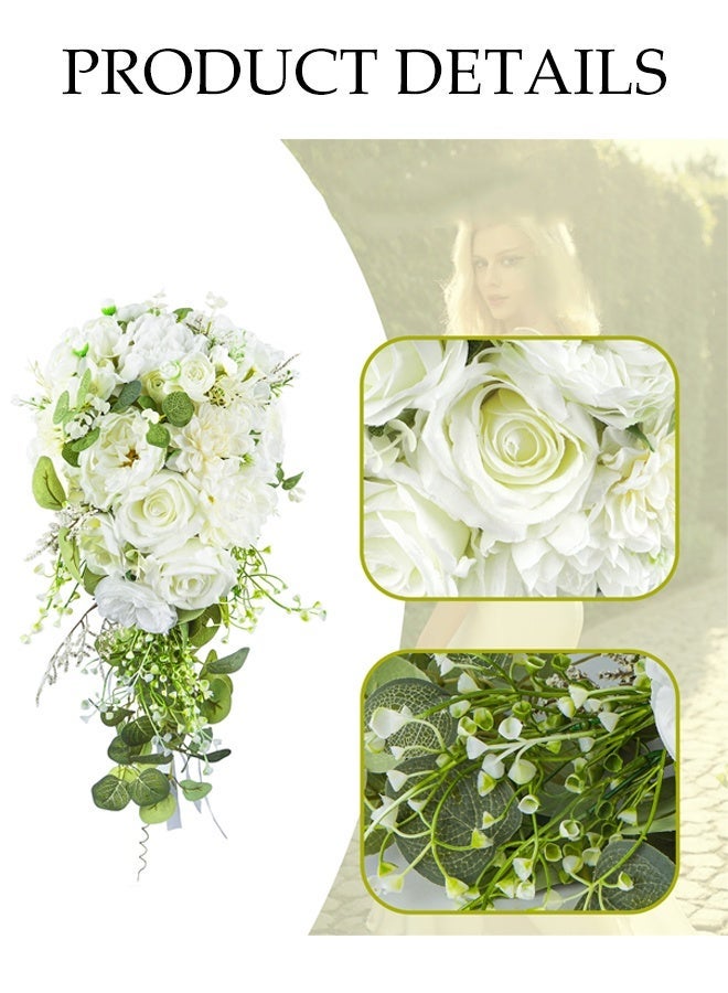 DUNISO Wedding Bouquets for Bride, White Green Cascade Bouquet, Cascading Wedding Bouquet, Bridal Bouquet, Rose Artificial Flowers for Boho Rustic Wedding Ceremony Anniversary - Image 3